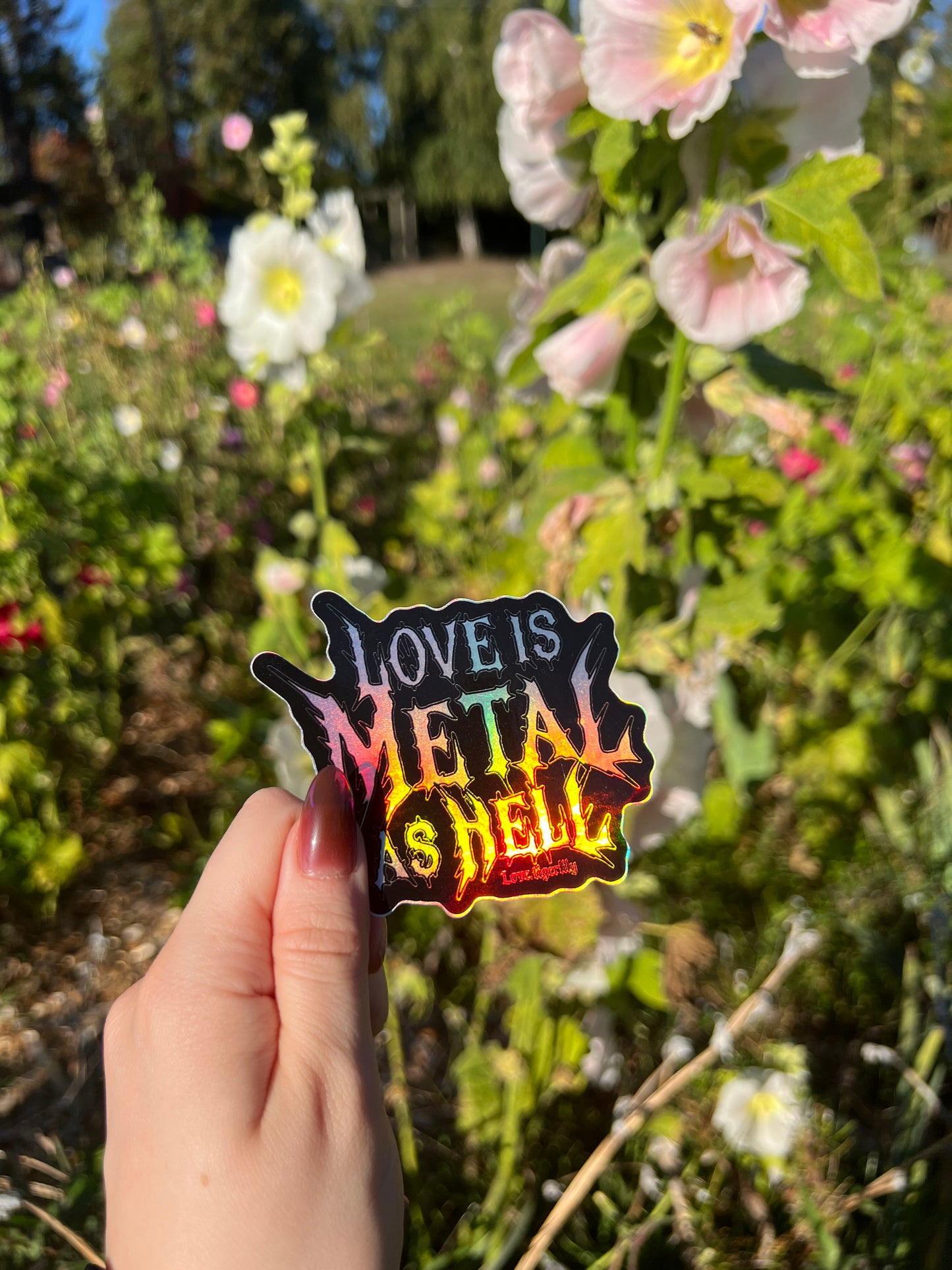 Love is Metal as Hell Holographic Sticker I Waterproof Waterbottle Sticker