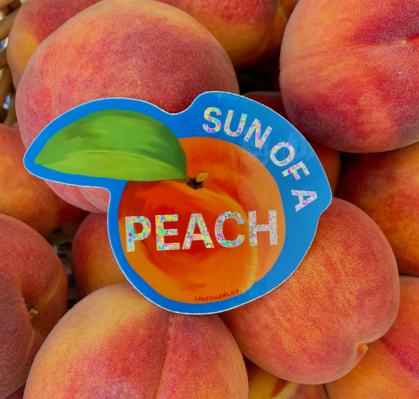 Sun of a Peach Holographic Waterproof Sticker I Fruit Pun Waterbottle Sticker