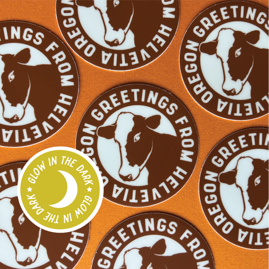 Greetings from Helvetia Oregon Glow in the Dark Campfire Sticker I Waterproof Cow Sticker